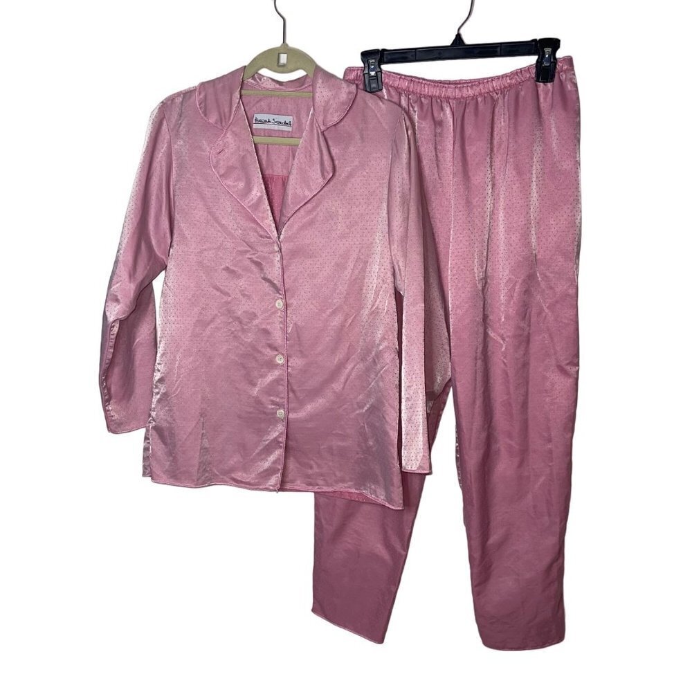 Fernando Sanchez Vintage Pajama Set Size Small Pink Polka Dot Embossed Cotton